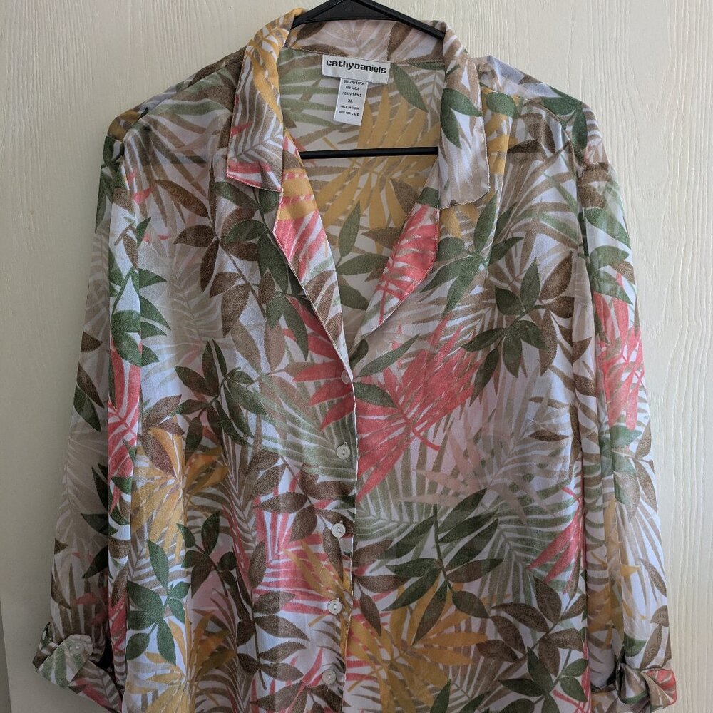 Cathy Daniels Button Up Shirt XL Leaves Floral Roll Tab Sleeves Sheer Top